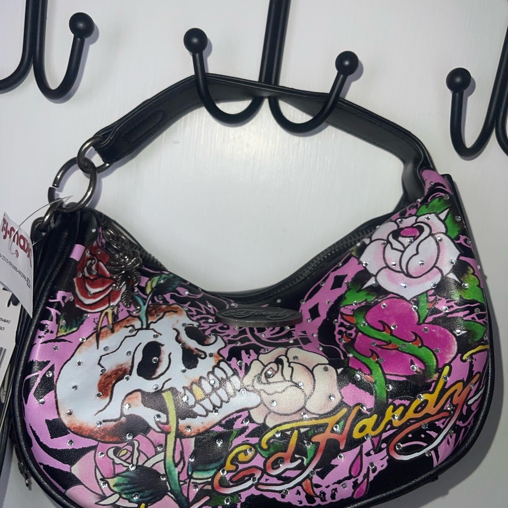 NWT Ed Hardy Black and Pink Skull Graphic Shoulder Bag